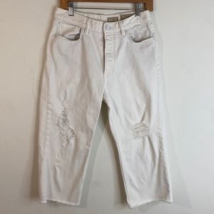 All Saints Hayden White Button Up Distressed Cropped High Rise Jeans, Size-27